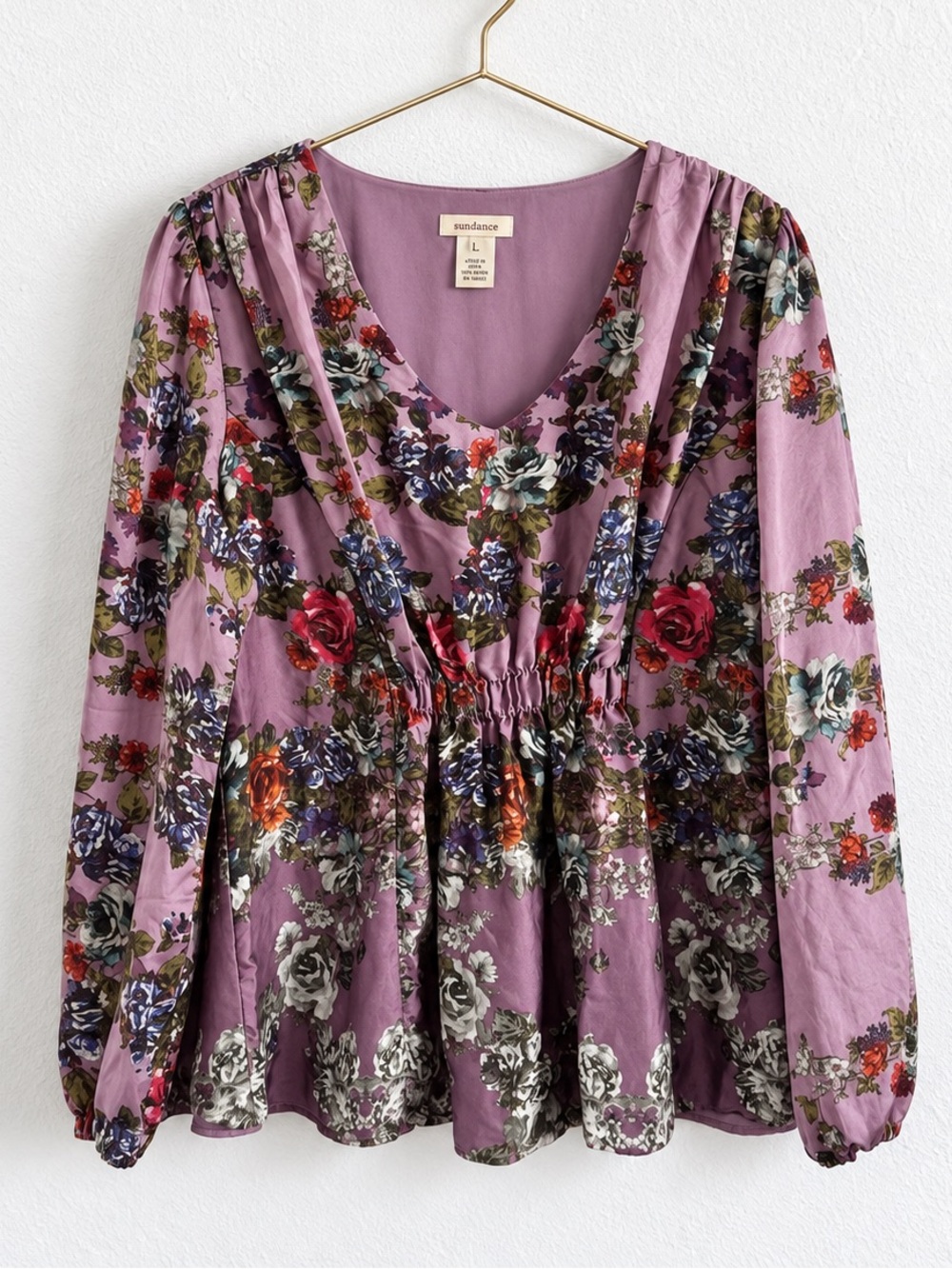SUNDANCE PRETTY IN PURPLE AUTUMN FLOWERS SILK TUNIC TOP SZ L